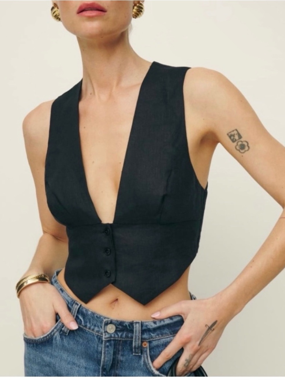 Reformation Black V-Neck Linen Blend Vest